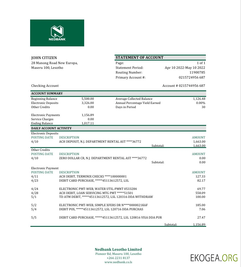 Modèle Excel et PDF de relevé bancaire du Lesotho Nedbaank